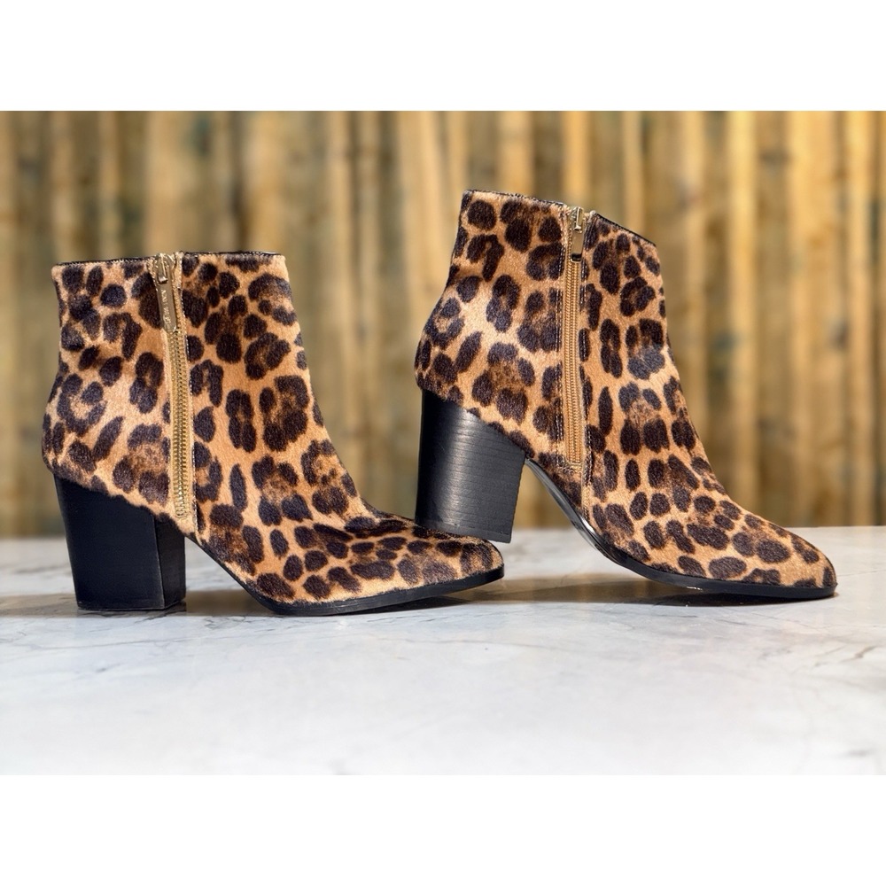 New Nine West Faux Fur Leopard Print Ankle Boots Block Heel Side Zip Women's 9M